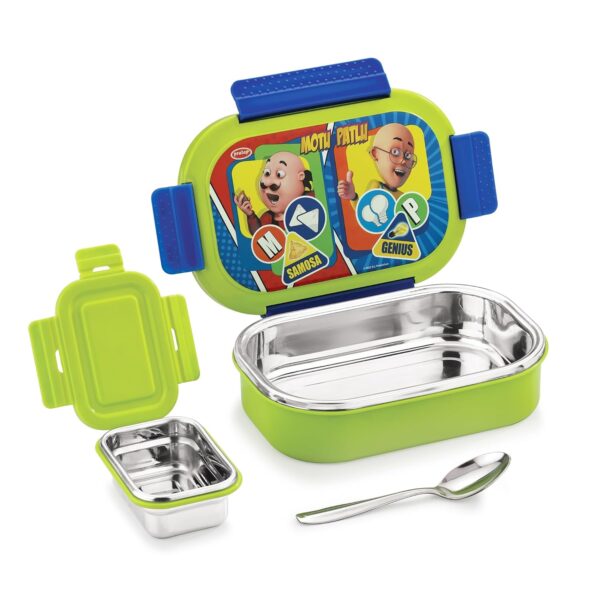 Motu Patlu Steel Lunch Box Set – 2 Containers, Leak-Proof, BPA-Free (590ml + 120ml) - Image 2