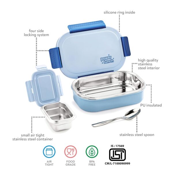 Power Lunch Insulated Steel Tiffin Box Set – Leakproof & BPA-Free (Blue, 650ml + 130ml) - Image 4