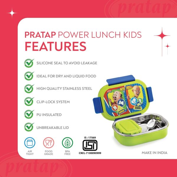Motu Patlu Steel Lunch Box Set – 2 Containers, Leak-Proof, BPA-Free (590ml + 120ml) - Image 4