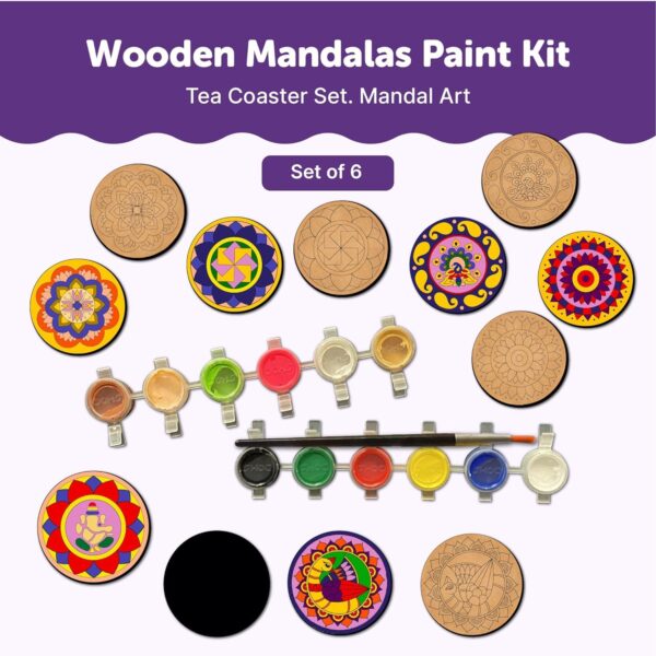 DIY Mandala Coaster Painting Kit – 6 MDF Coasters with Stand & Paint Set (Ages 3+) - Image 4