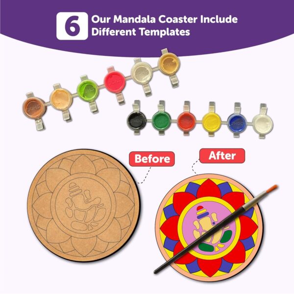 DIY Mandala Coaster Painting Kit – 6 MDF Coasters with Stand & Paint Set (Ages 3+) - Image 3