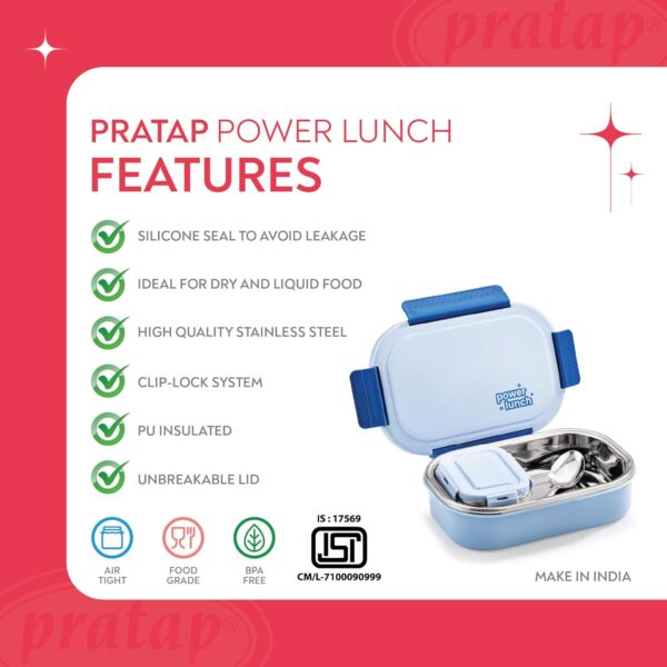 Power Lunch Insulated Steel Tiffin Box Set – Leakproof & BPA-Free (Blue, 650ml + 130ml) - Image 6