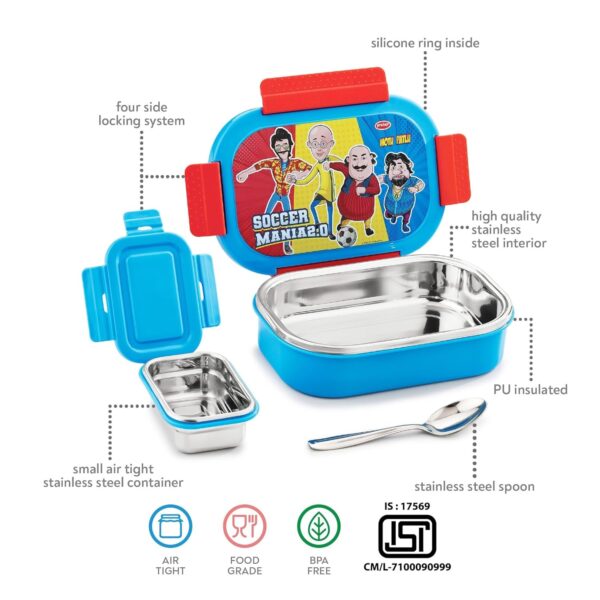 Motu Patlu Steel Lunch Box Set – 2 Containers, Leak-Proof, BPA-Free (590ml + 120ml) - Image 5