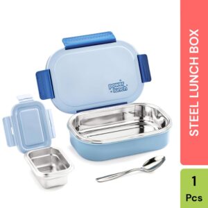 Power Lunch Insulated Steel Tiffin Box Set – Leakproof & BPA-Free (Blue, 650ml + 130ml)