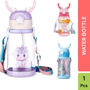 Plastic Kids Unicorn Water Bottle, 500 mL (Set of 1, Assorted Cartoon Designs):