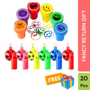Fancy Return Gifts for Kids – 20 Pcs Set | Football Whistles Cute Stamps