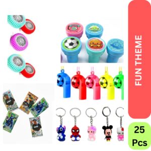 Fun Theme Birthday Return Gifts 25 Pcs Set – Erasers, Whistles, Keyrings, Gaming Cards & Stamps